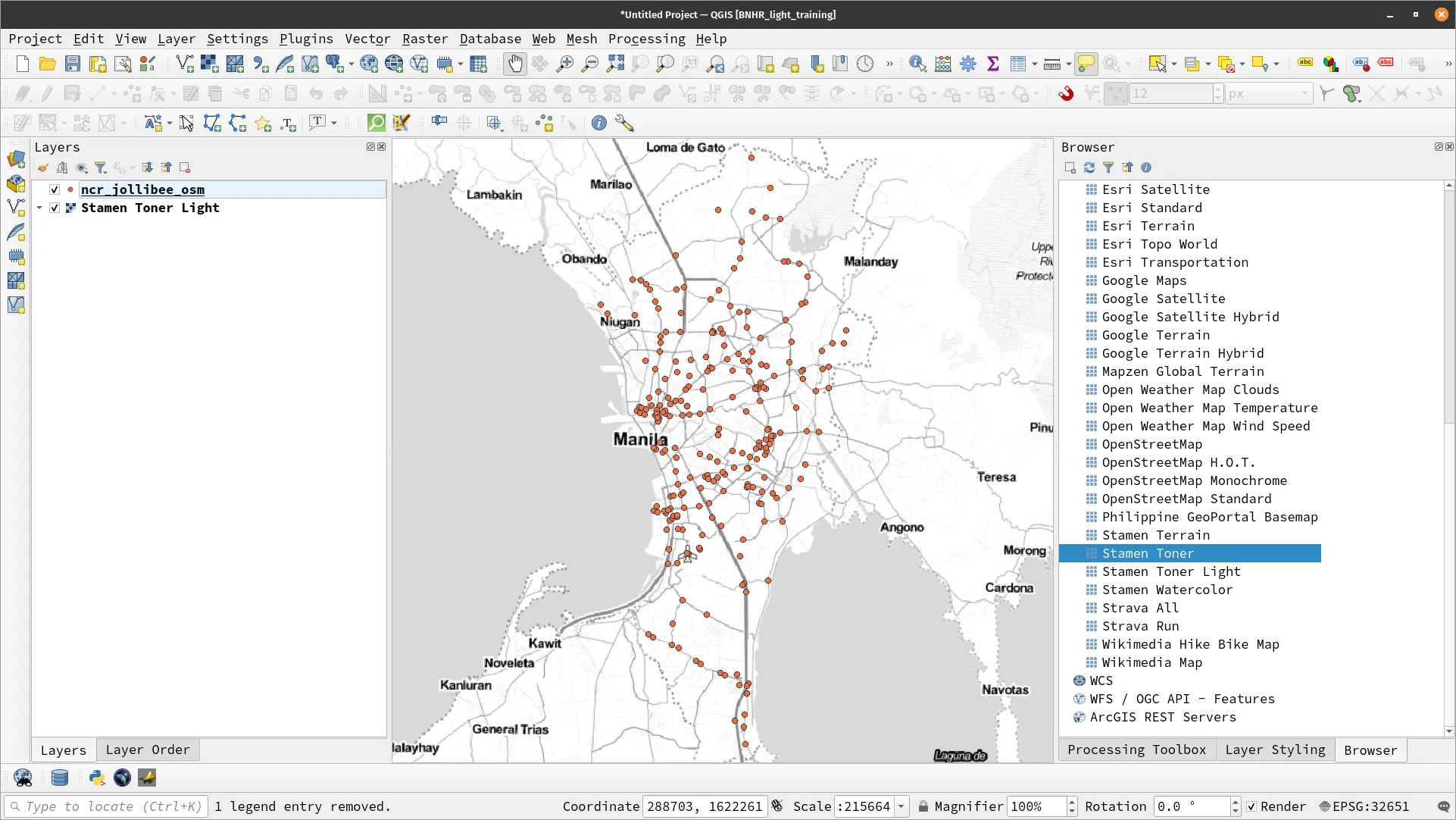 ncr_jollibee_osm CSV loaded in QGIS