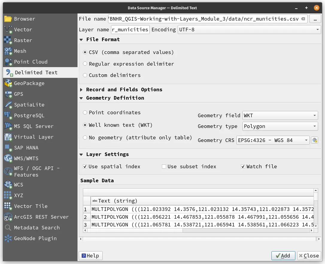 Parameters for loading the ncr_municities CSV