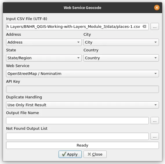 Geocoding places-1 with MMQGIS