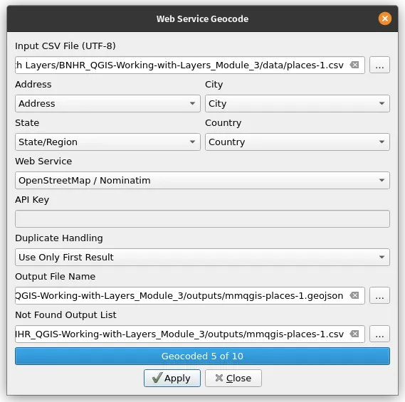 places-1 geocoded with MMQGIS