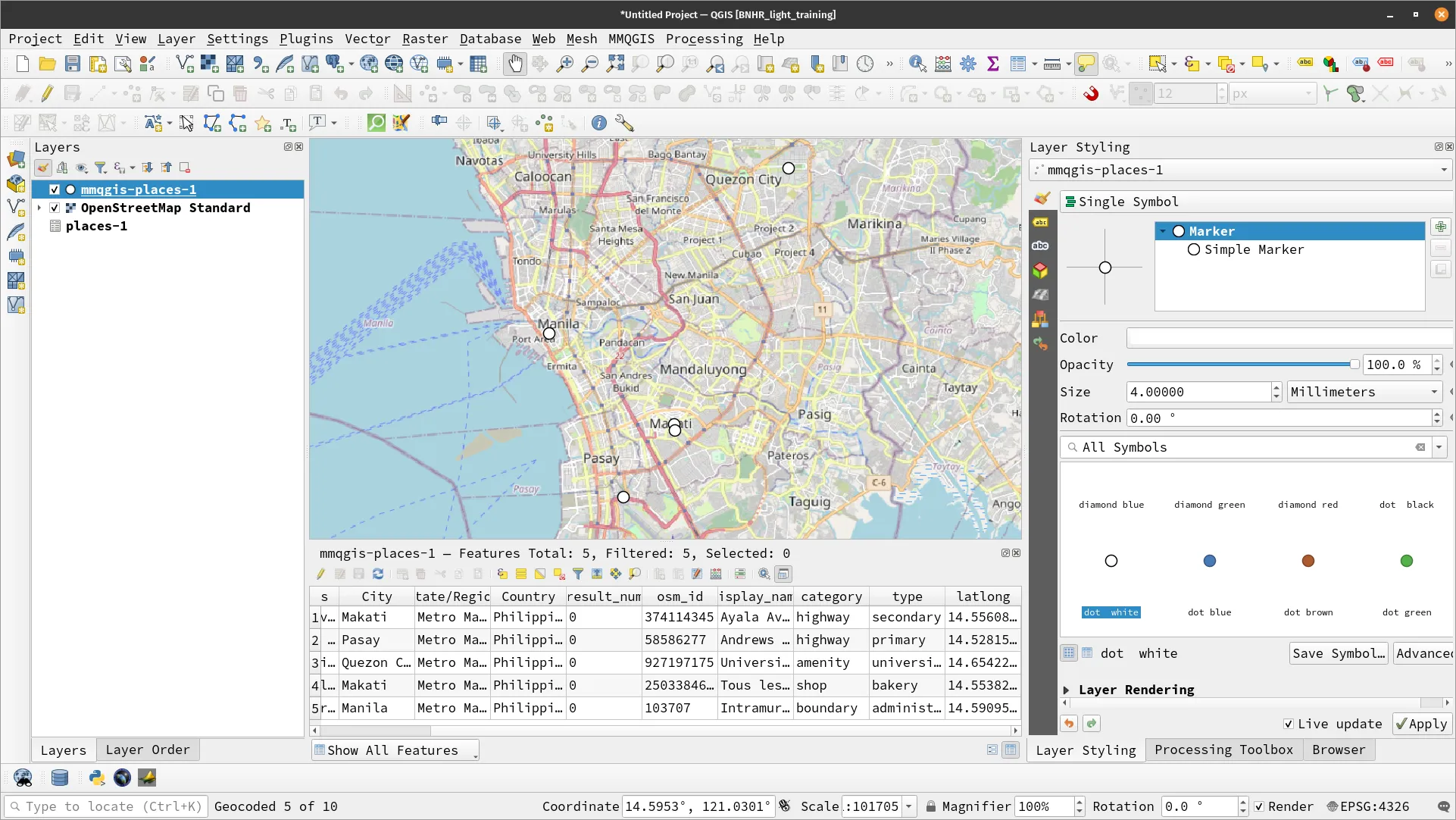 Results of places-1 geocoding with MMQGIS