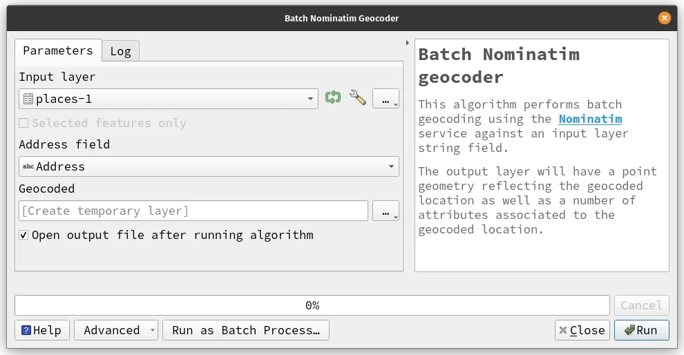 Parameters for geocoding places-1 with the Batch Nominatim geocoder