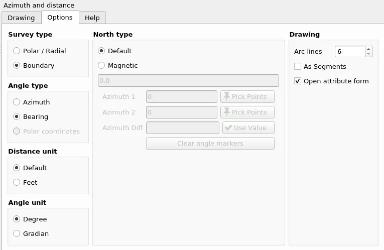 Sample options for the Azimuth and Distance plugin