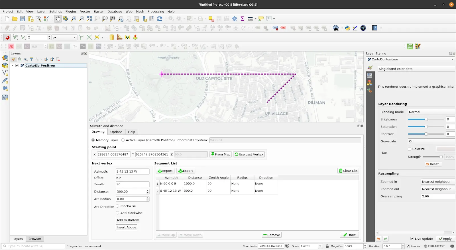 Sample usage of the Azimuth and Distance plugin