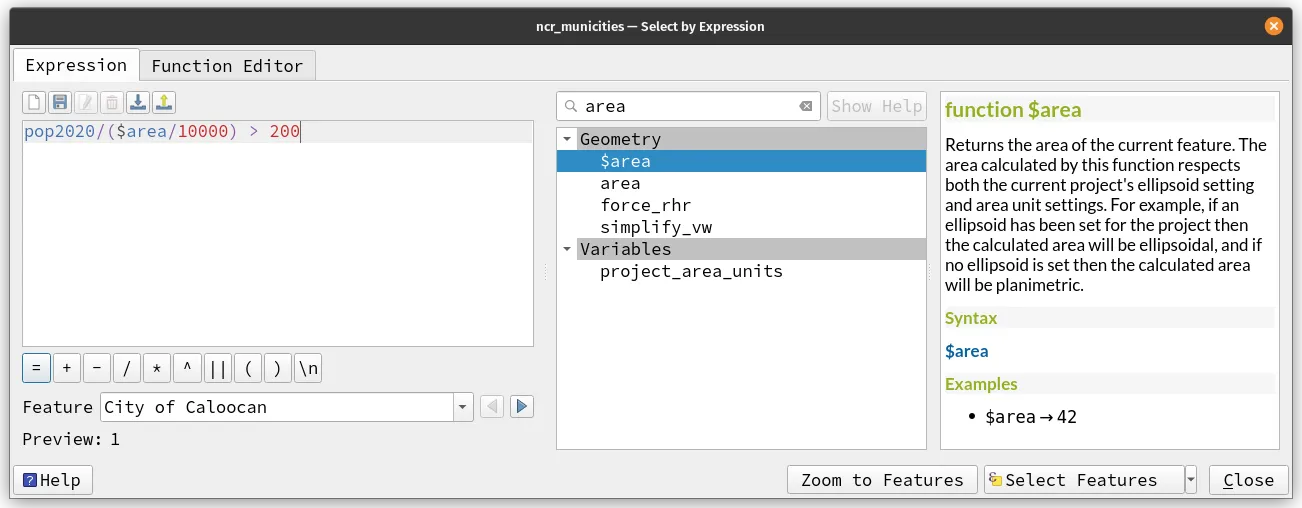 Selecting areas with population density > 200 using expressions