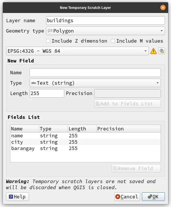 Parameters for the buildings vector layer