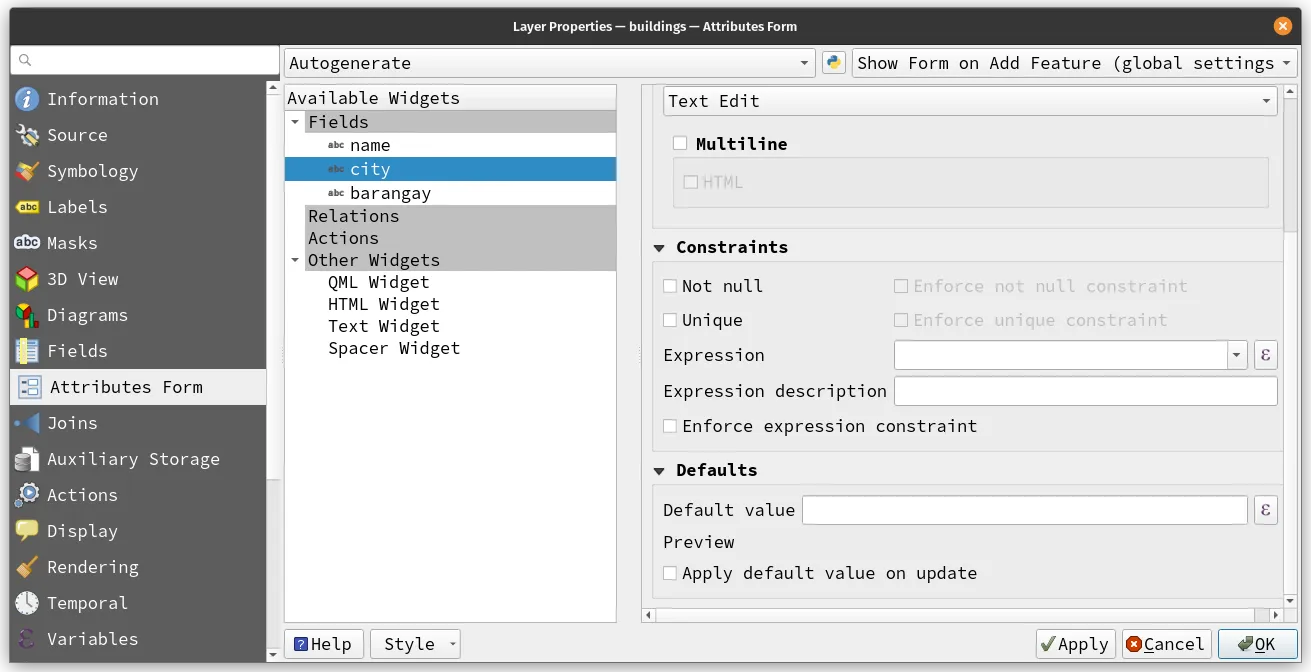 The Attribute Form properties of the barangay layer. We will change the defualt values for city and barangay