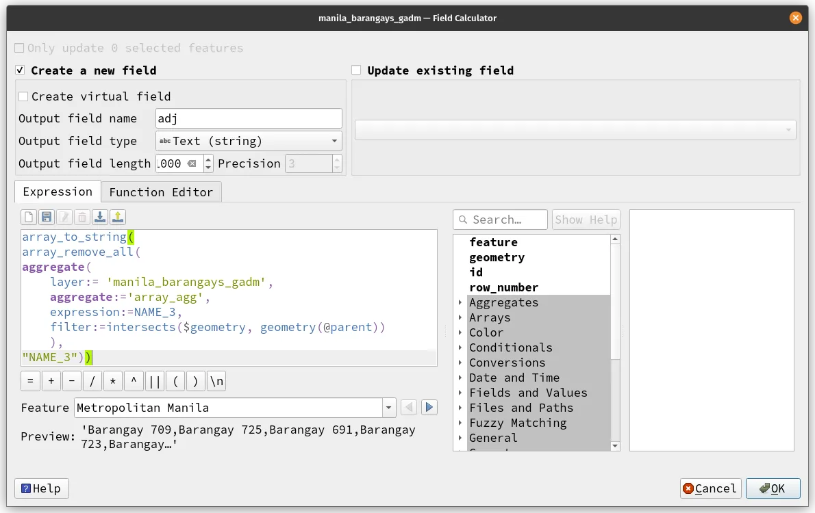 Parameters for creating a field with the names of adjacent barangays