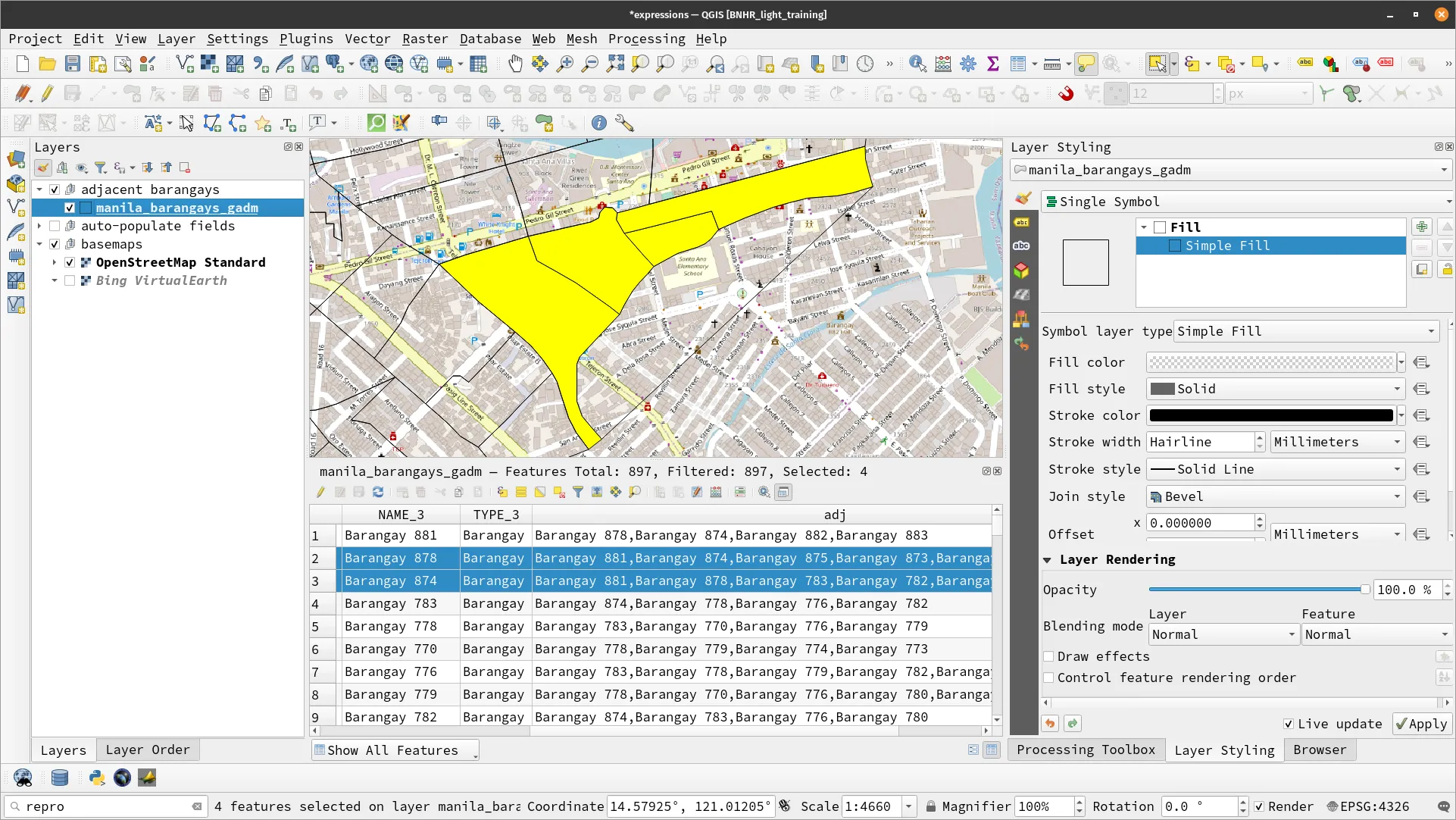 Selected adjacent barangays computed from the expression