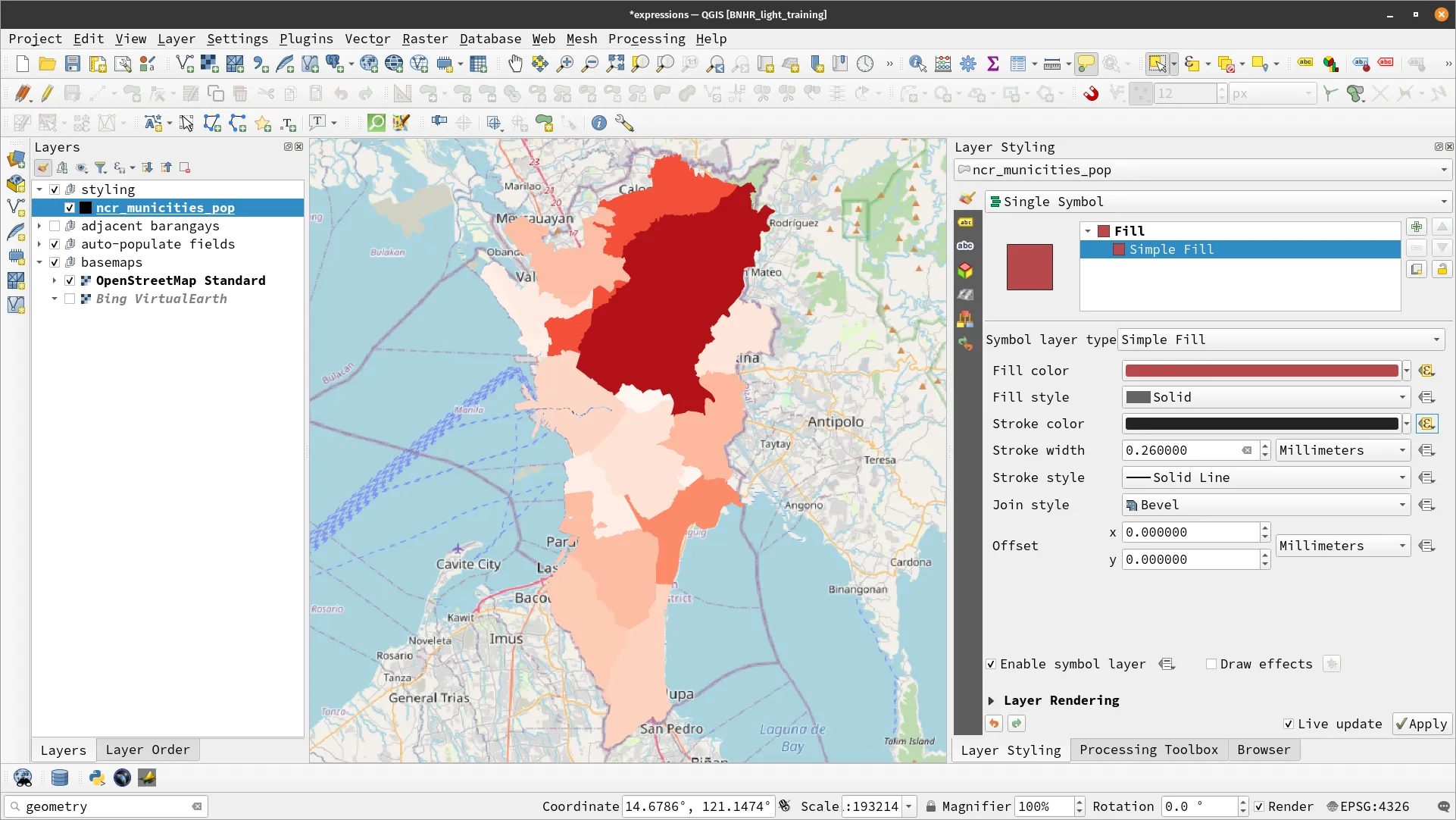 ncr_municities_pop with Fill color and Stroke color overrides