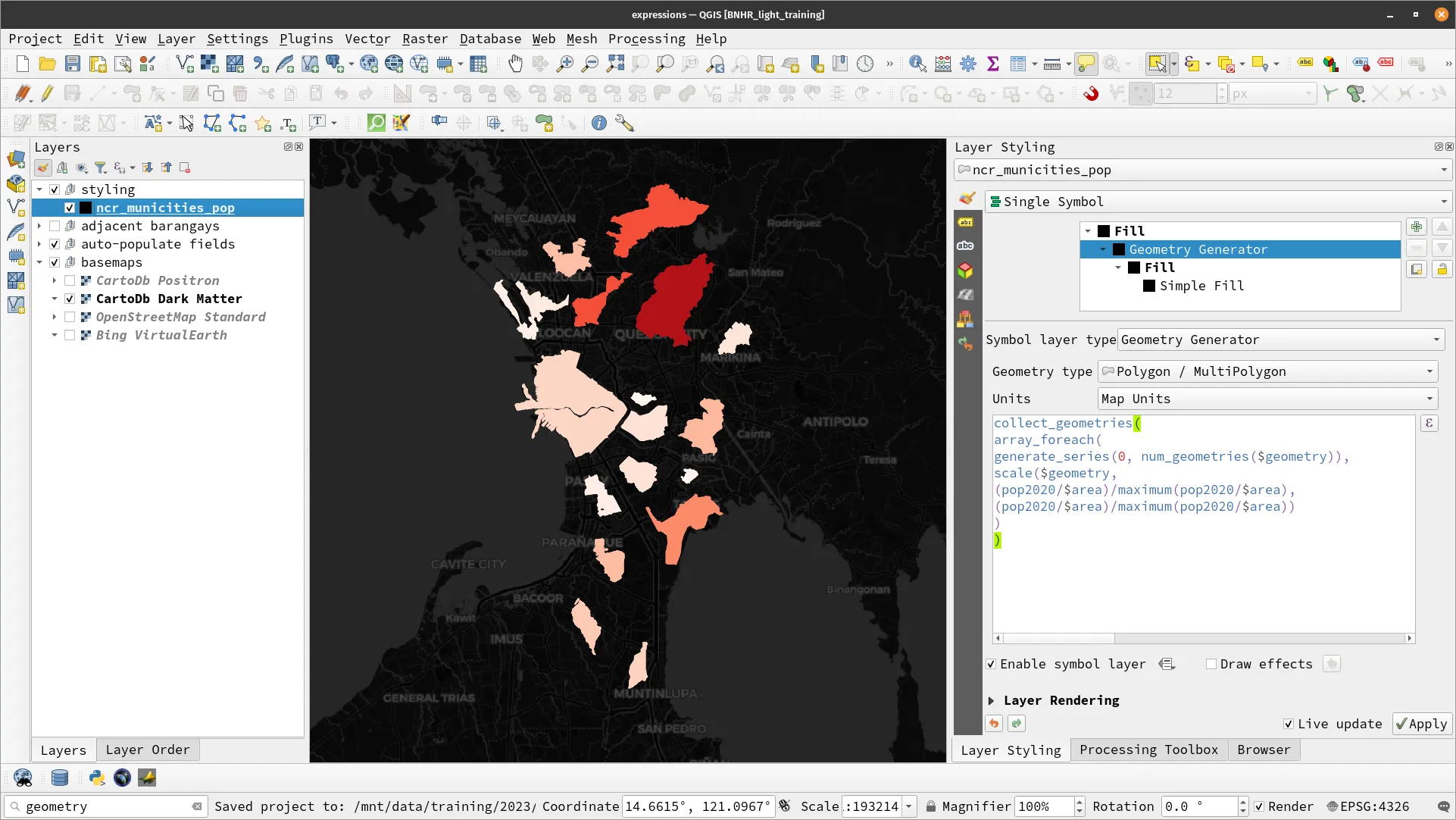 Cartogram with size defined by population density and color by annual change in population