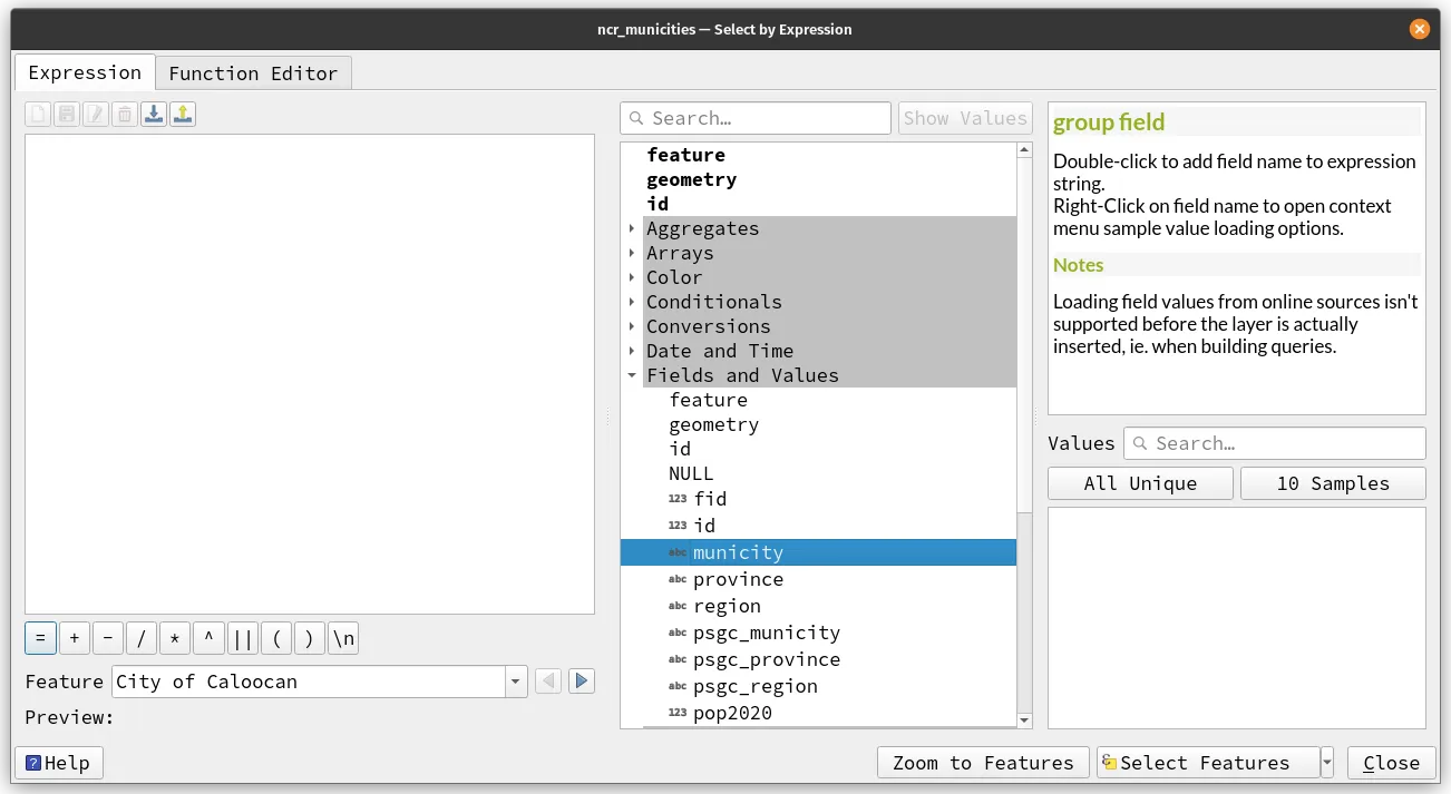 The Expression string builder in the Select by Expression tool