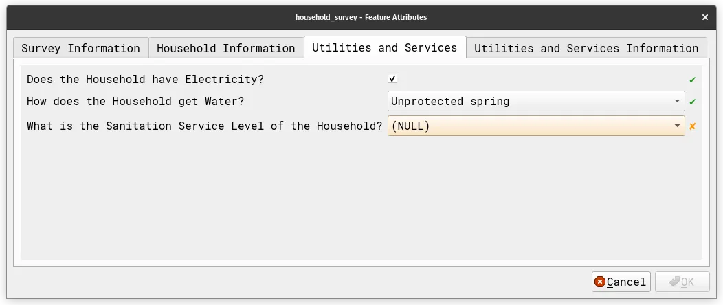 Utilities and Services Information tab appears if electricity is true or water source is piped/water refilling station