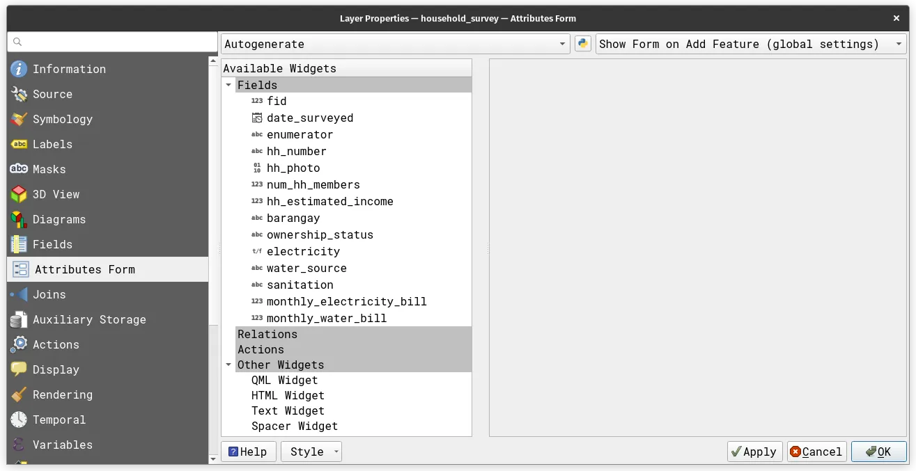 Attributes Form tab of the household_survey layer