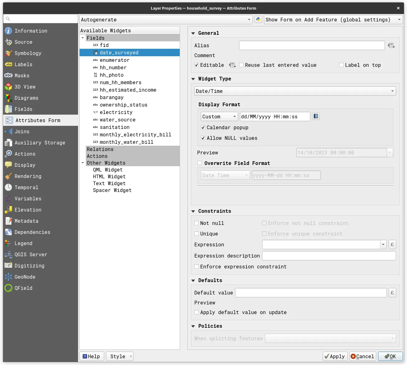 Attribute parameters for the date_surveyed field