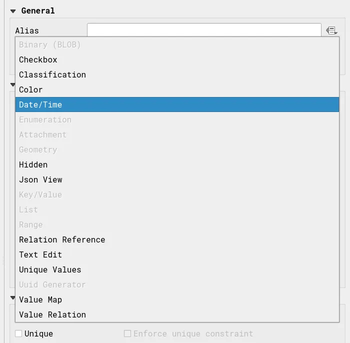 The different Widget Types available for the date_surveyed field (datetime field type)