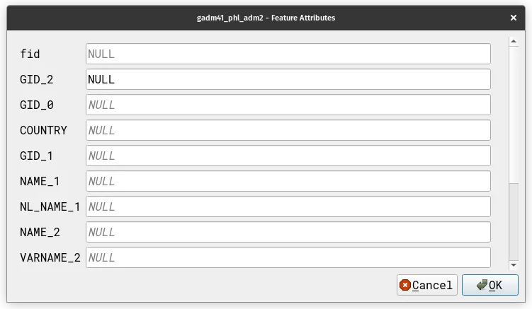 The default form view for adding new attributes in QGIS (data is GADM adm2)