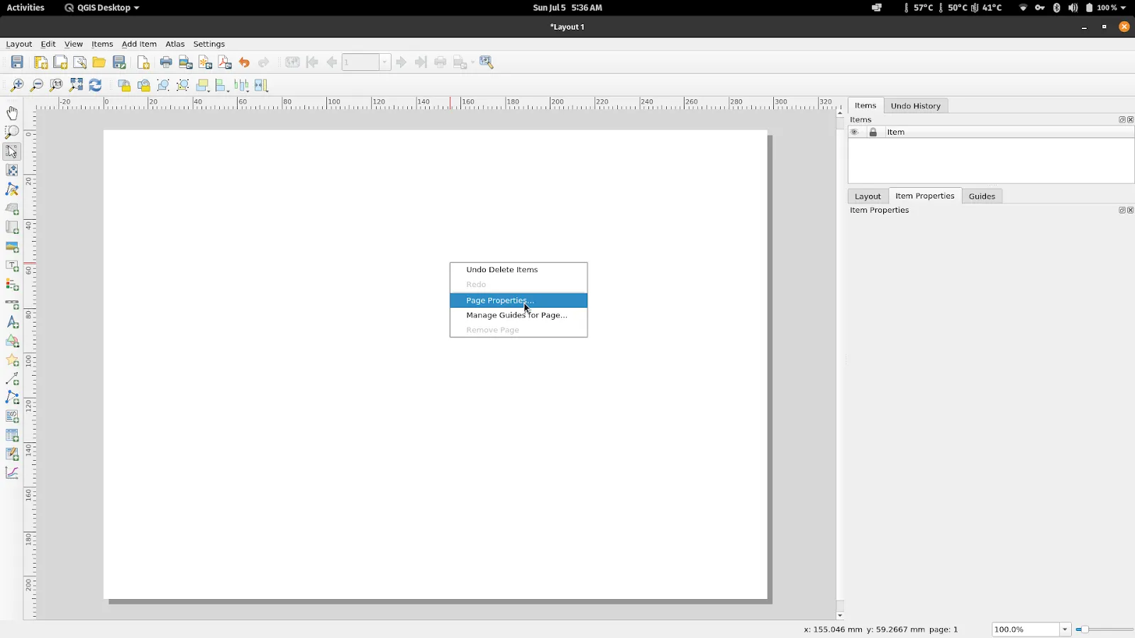Opening the layout's page properties