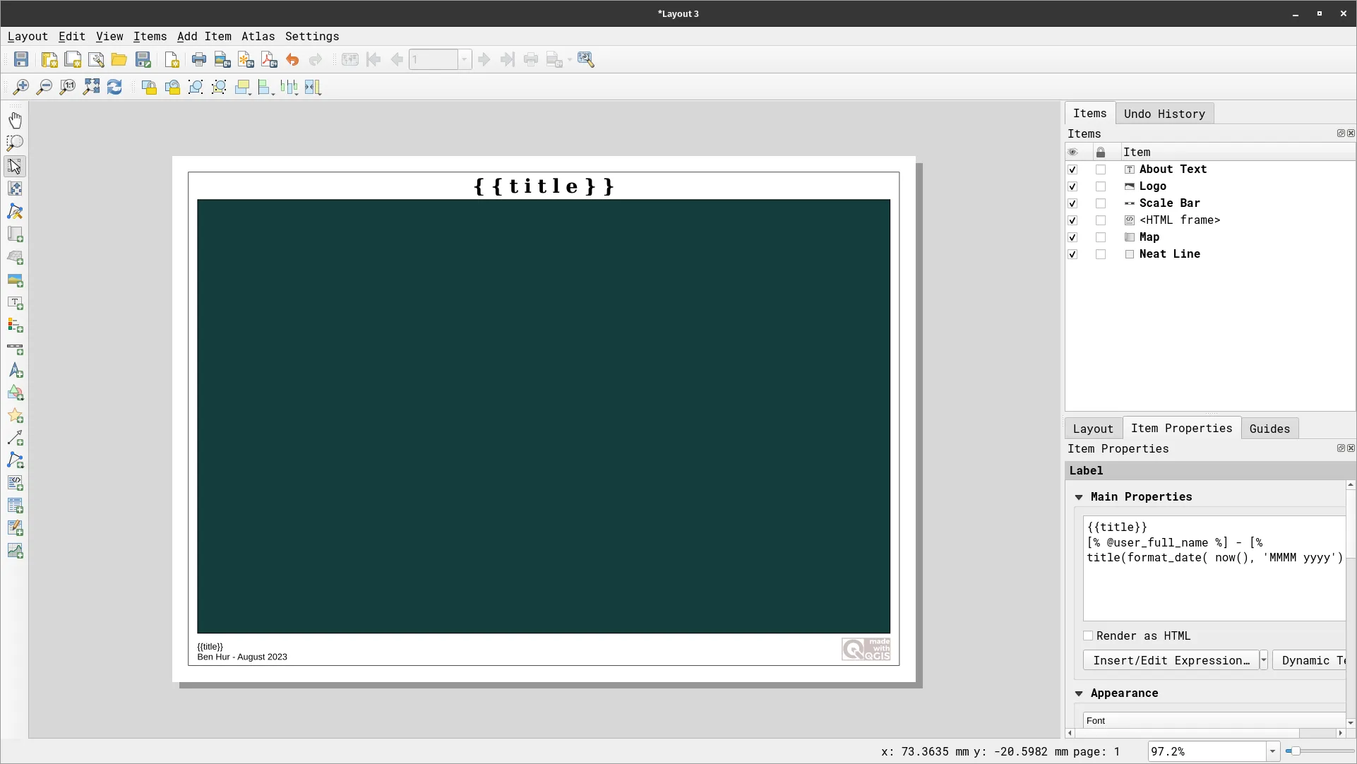 Items of Simple A4 Landscape Template loaded in the Layout 3 layout