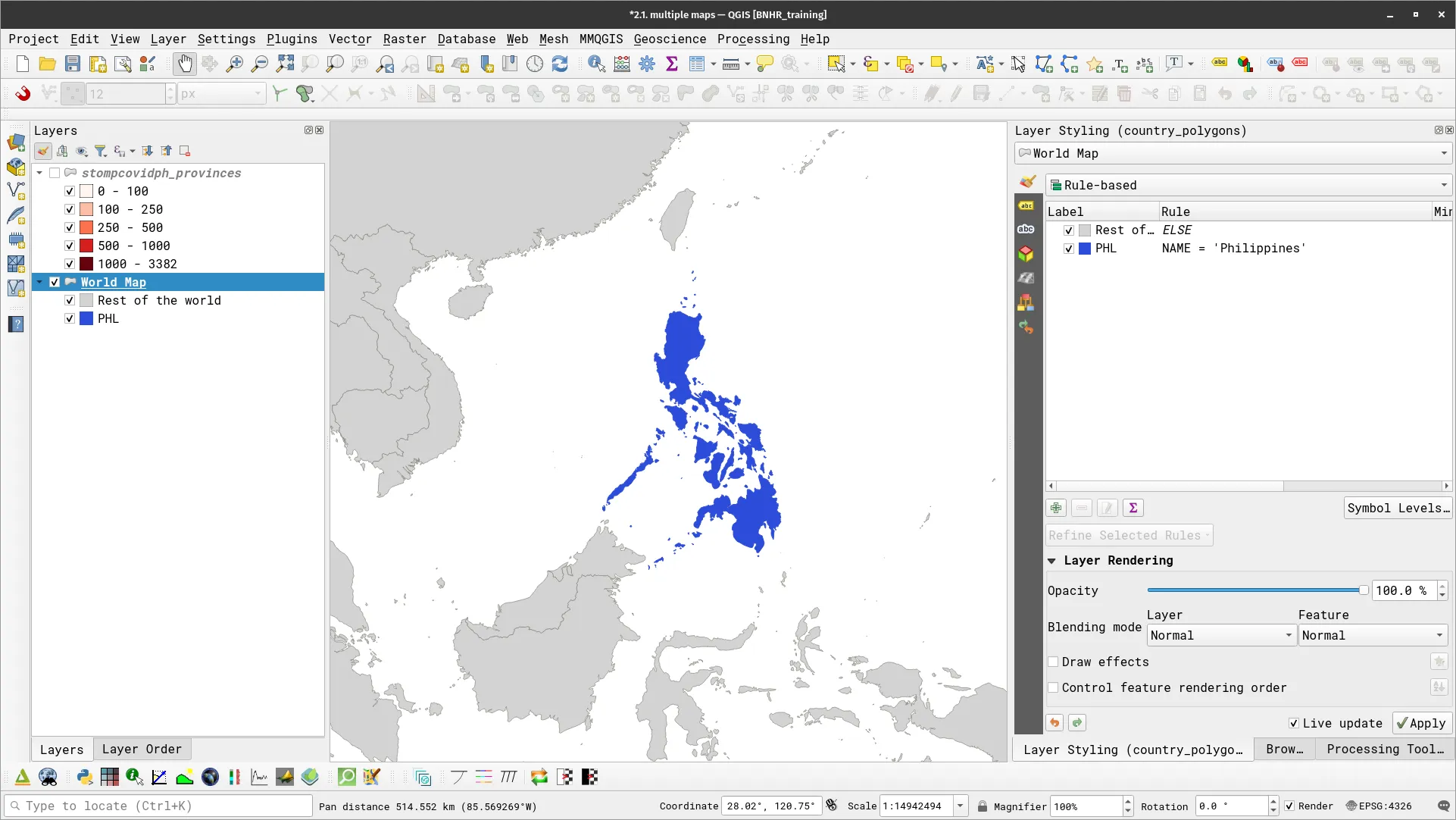 World map layer with rule based symbology highlighting the Philippines