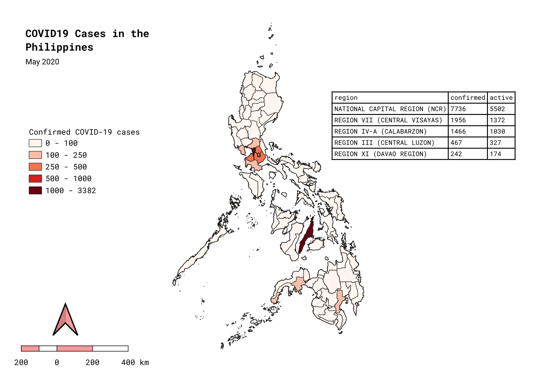 Output of Exercise 3.1. Show a table of the top 5 regions with the most confirmed cases