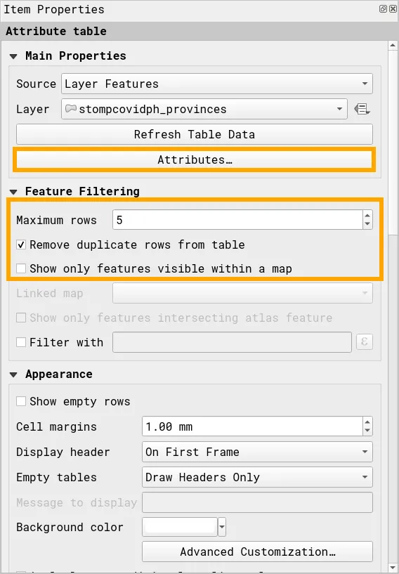 Item properties of the table