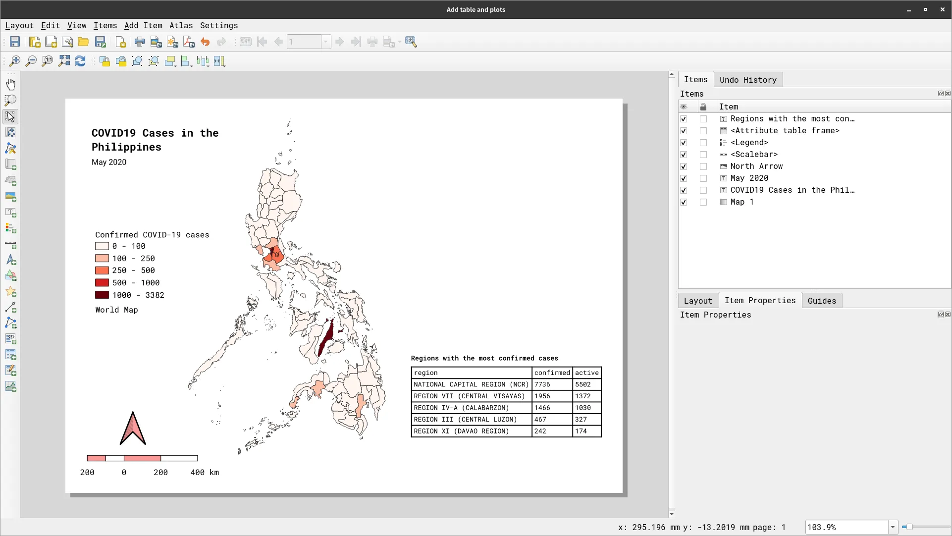 Table of top 5 regions with confirmed cases added to the layout
