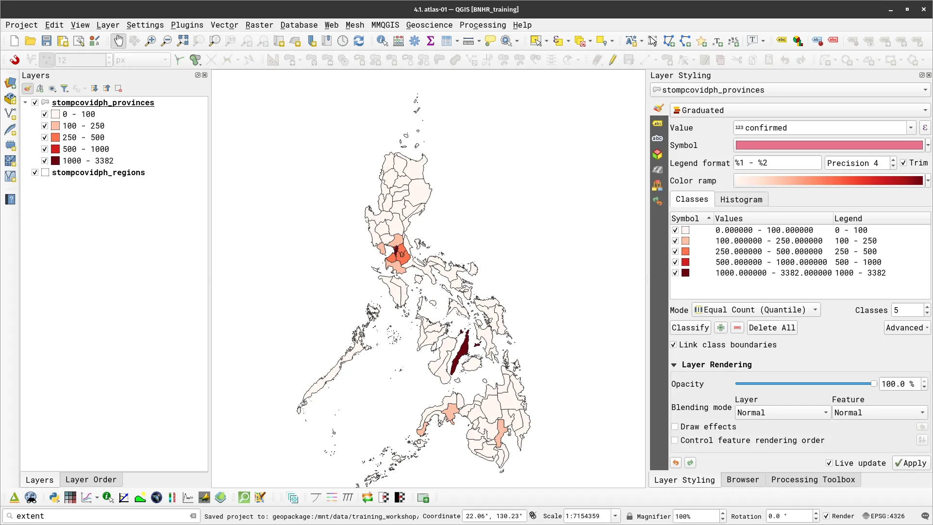 The stompcovidph_provinces layer with graduated symbology