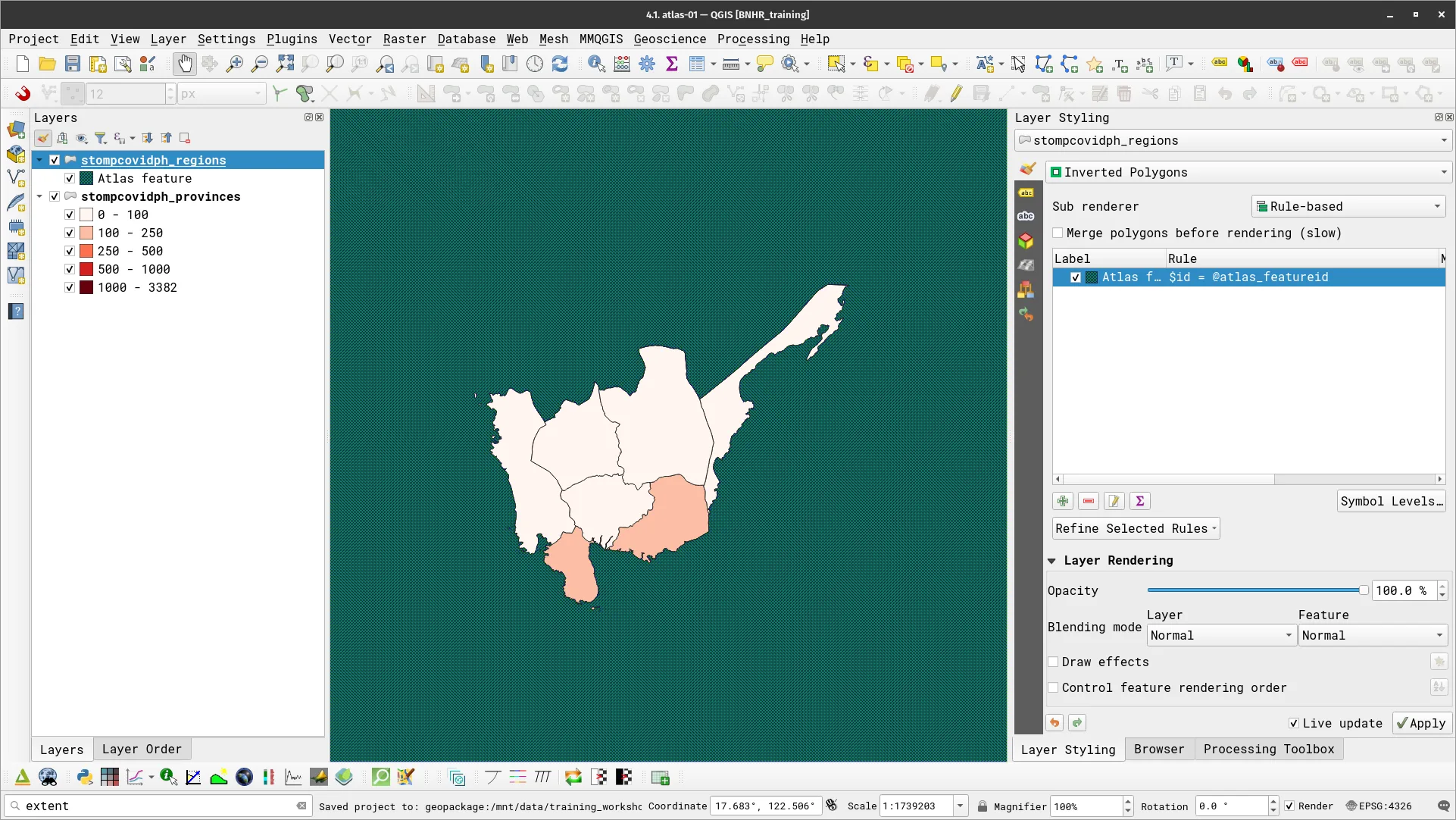 The regions layer covering the other features outsidethe current atlas feature