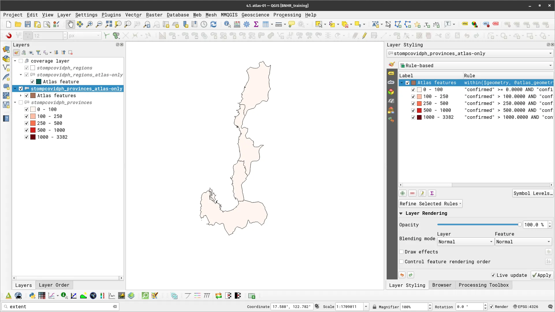 Map showing only the provinces within (spatially) the current atlas feature (region)