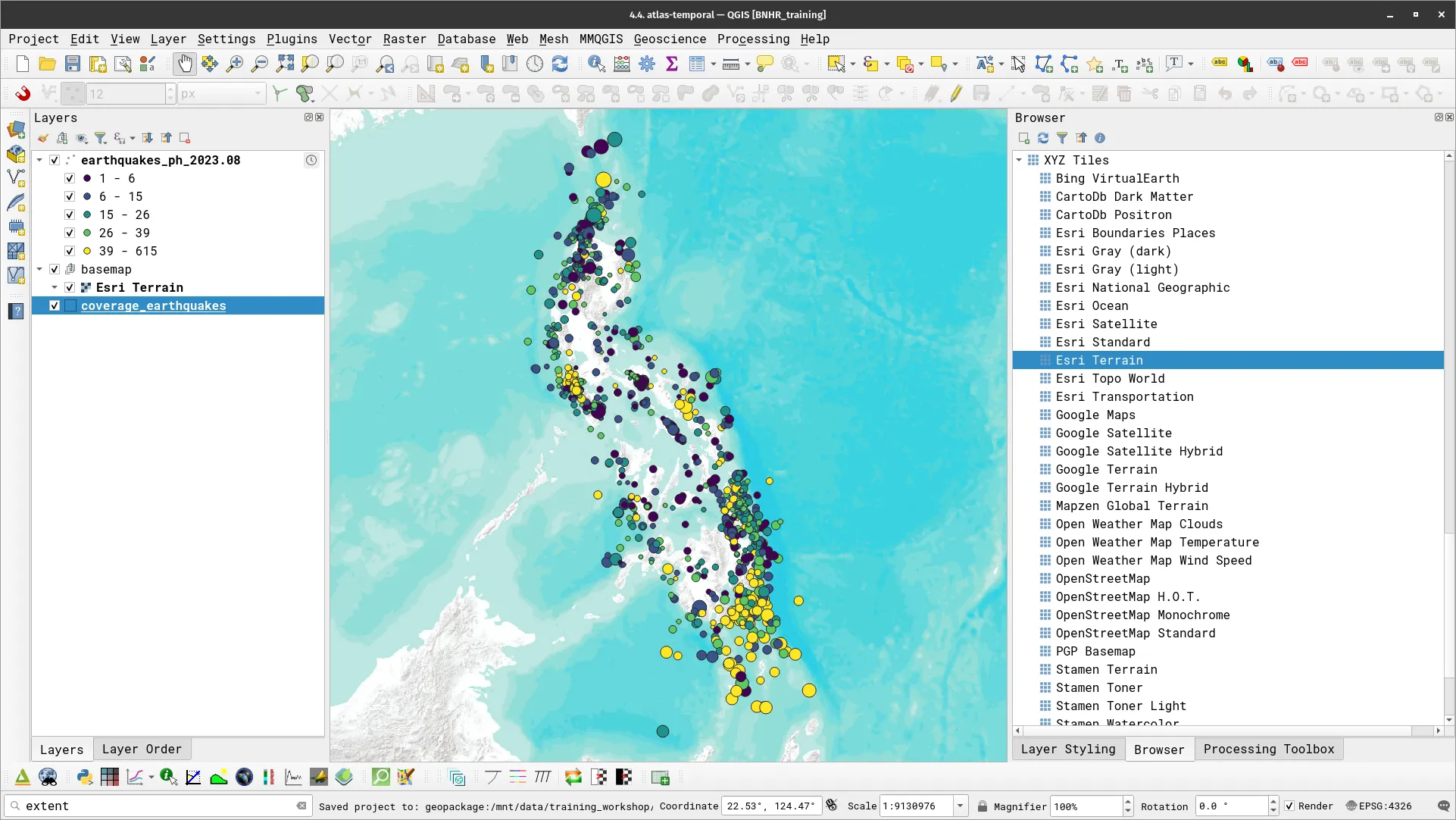 Earthquakes layer loaded and styled