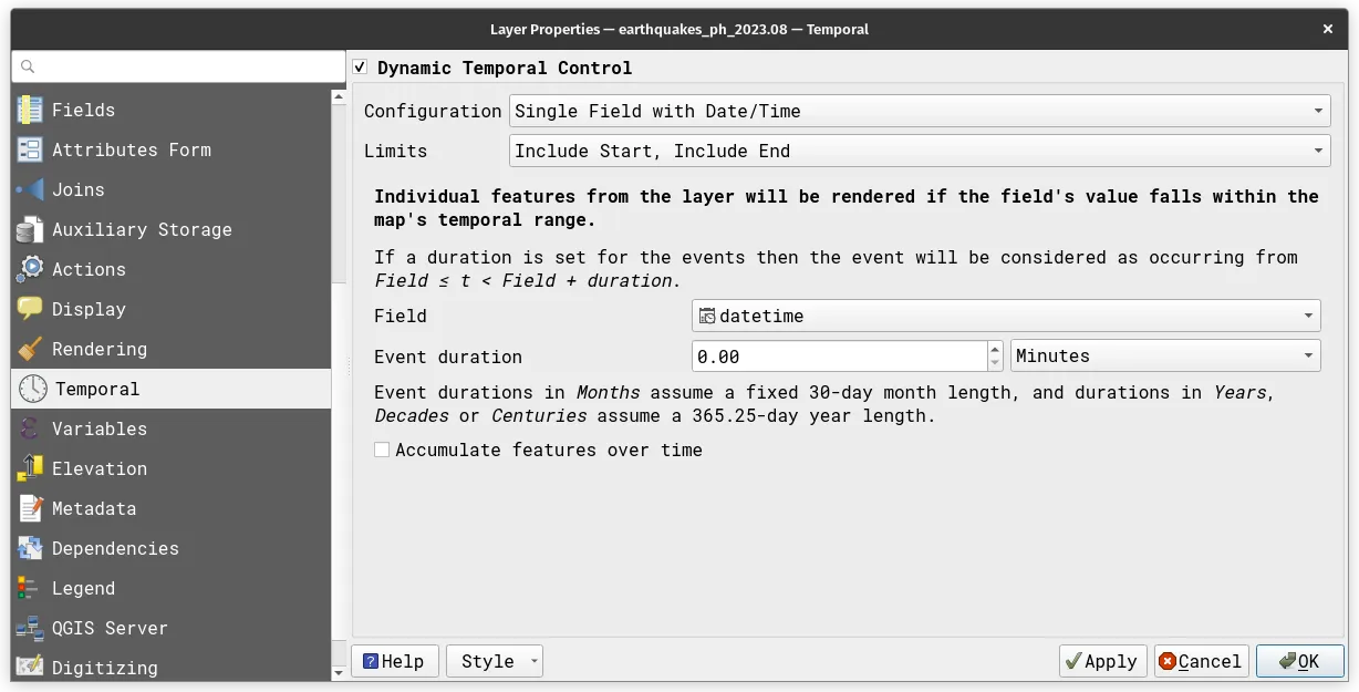 Adding temporal parameters to the earthquakes layer