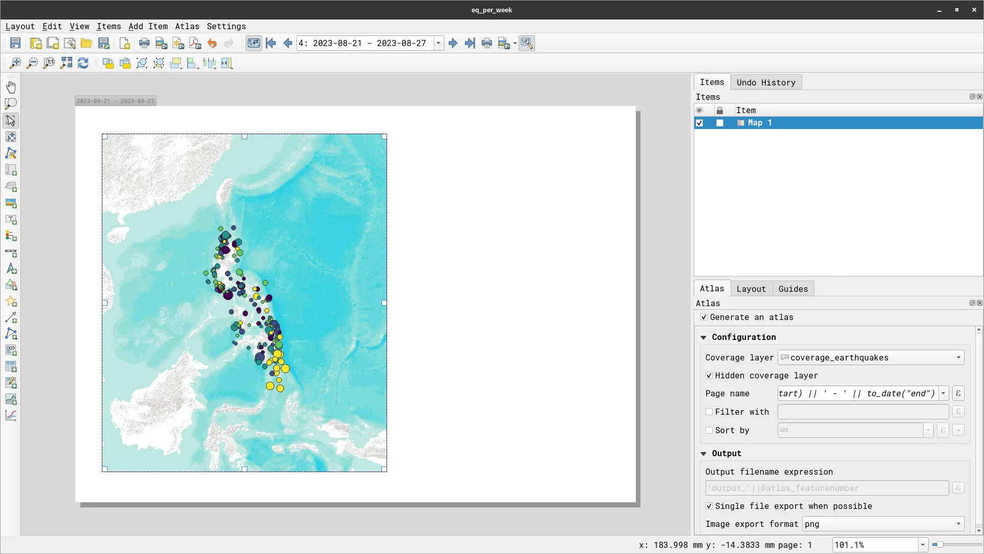 Atlas showing the earthquakes for each week of August 2023
