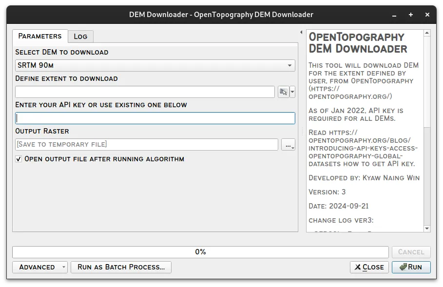 Example OpenTopography DEM Downloader plugin
