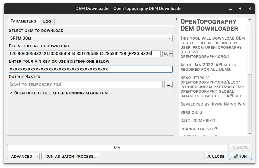 Example OpenTopography DEM Downloader plugin