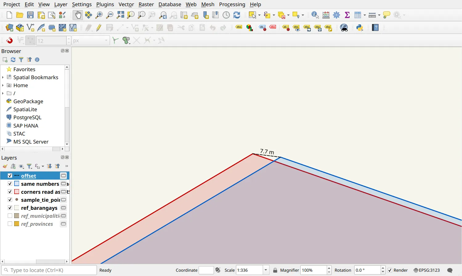 The same corner coordinates read as PRS 1992 (red) and as Luzon 1911 (blue), 7.7 m apart