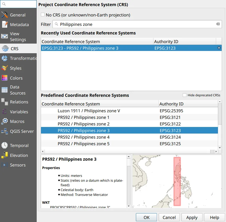 Selecting PRS92 / Philippines zone 3 in the Project Properties