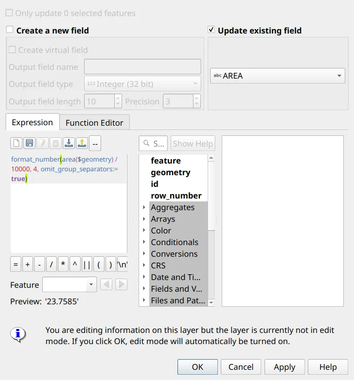 Computing AREA in the Field Calculator
