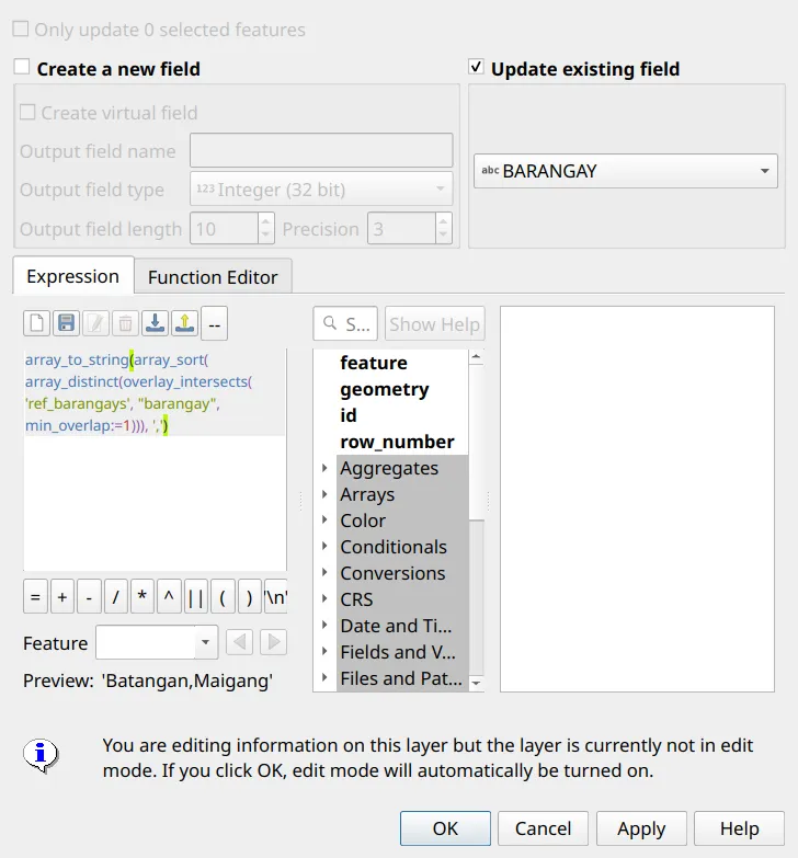 Computing BARANGAY in the Field Calculator
