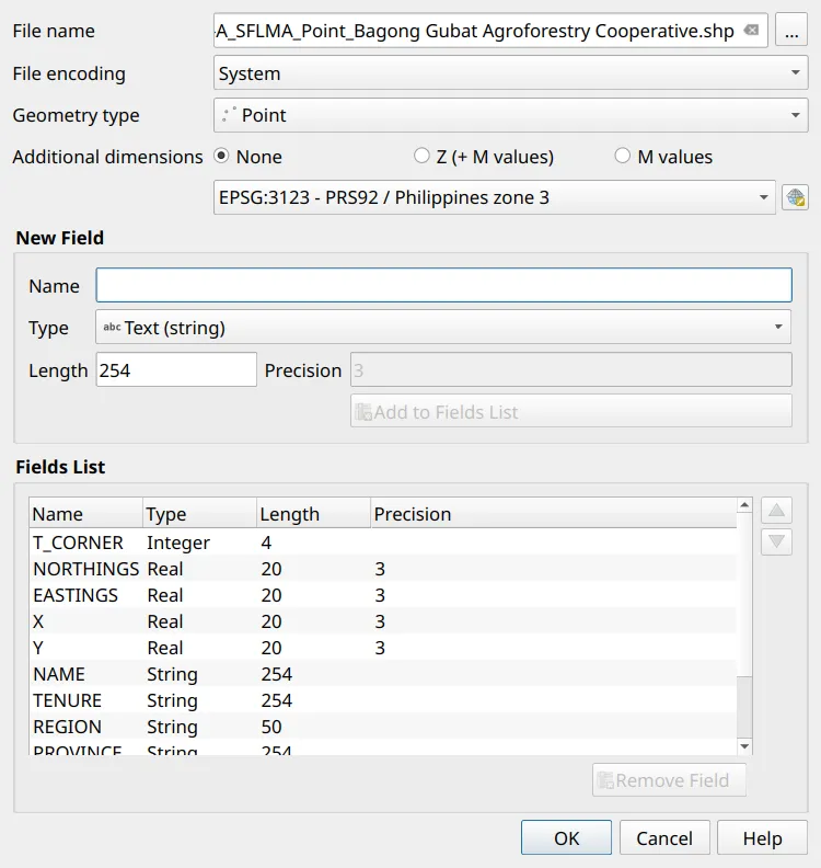 New Shapefile Layer dialog for the area corners