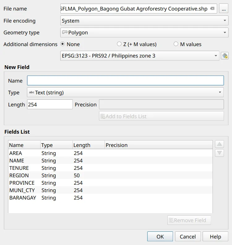 New Shapefile Layer dialog for the area boundary