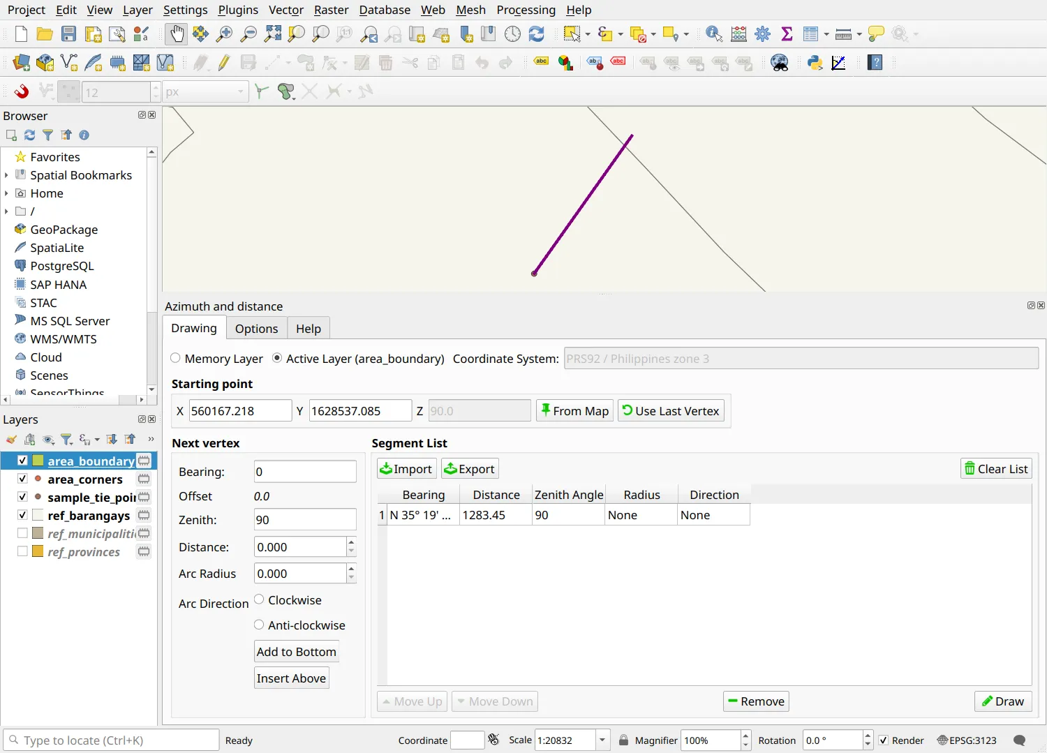 The tie line loaded in the Azimuth and Distance plugin