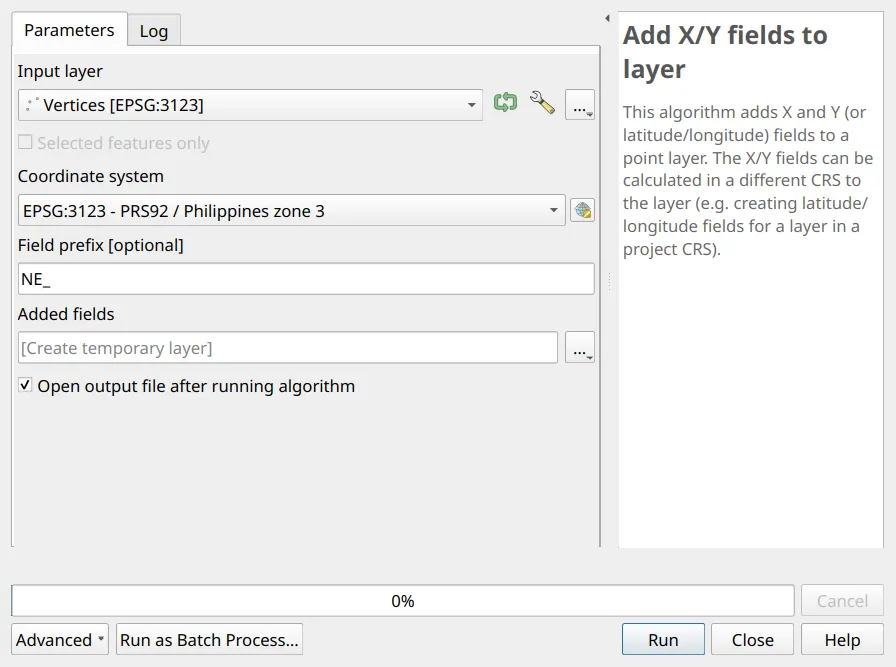 Add X/Y fields with the layer’s own CRS and a prefix