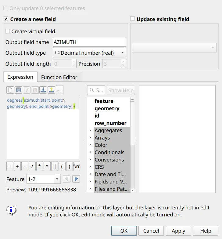 Computing AZIMUTH in the Field Calculator