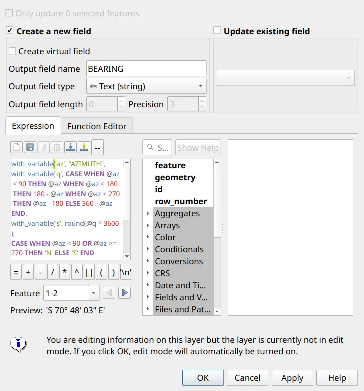 Computing BEARING in the Field Calculator