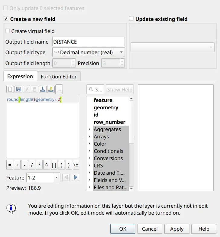 Computing DISTANCE in the Field Calculator