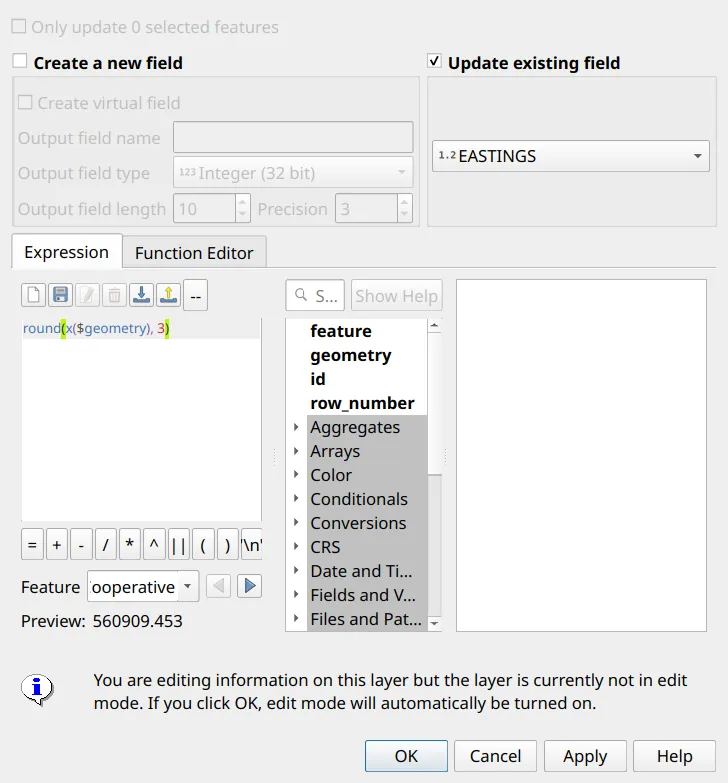 Computing EASTINGS in the Field Calculator