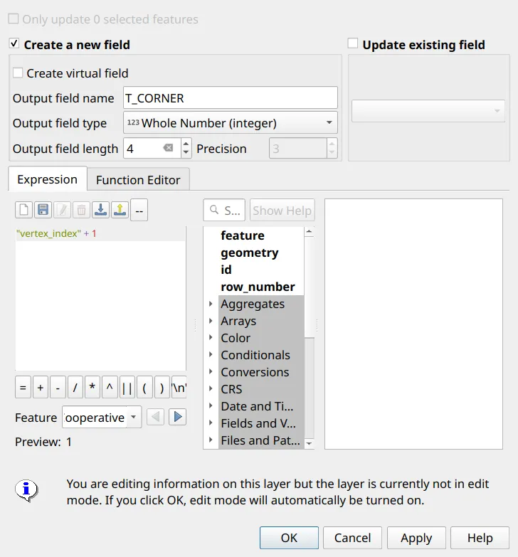 Numbering the corners in the Field Calculator