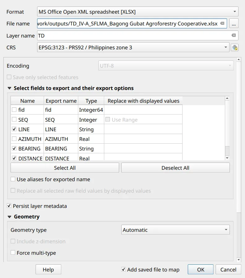 Exporting the technical description to a spreadsheet