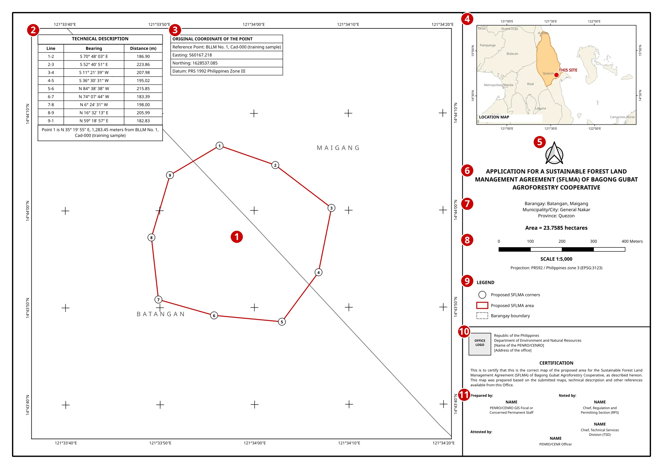 The prescribed map of the sample application, with its elements numbered